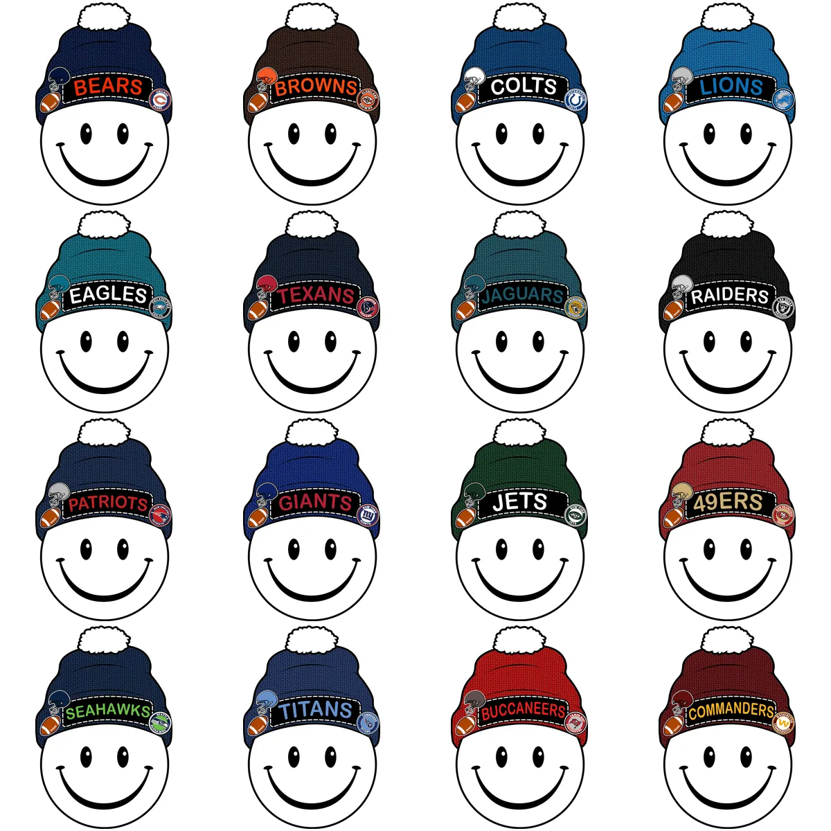 32 SMILEY BEANIE Football Teams Designs Bundle PNG