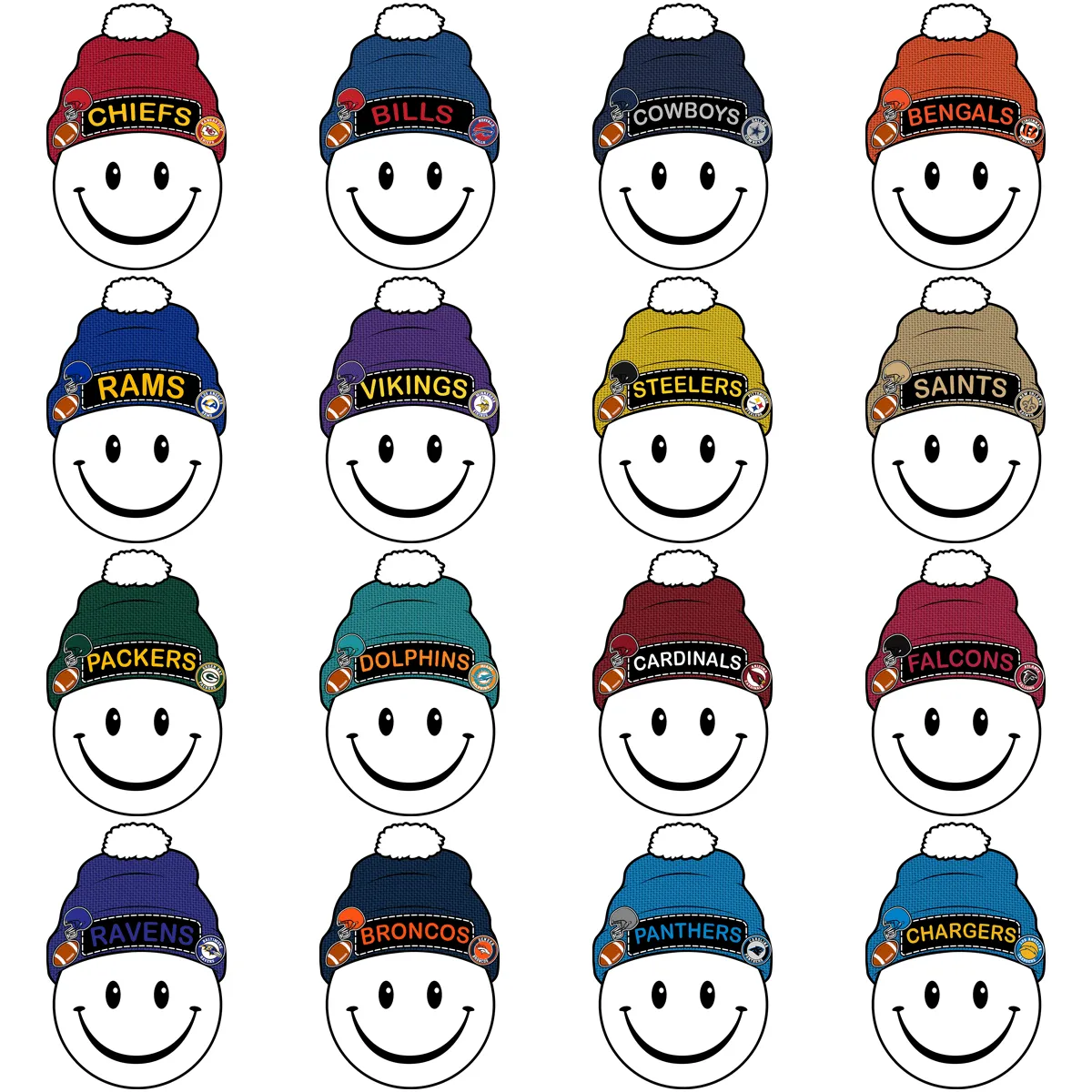 32 SMILEY BEANIE Football Teams Designs Bundle PNG