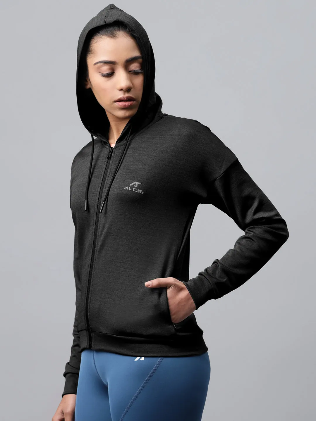 Alcis Women Charcoal Grey Self-Design Hooded Training Jacket