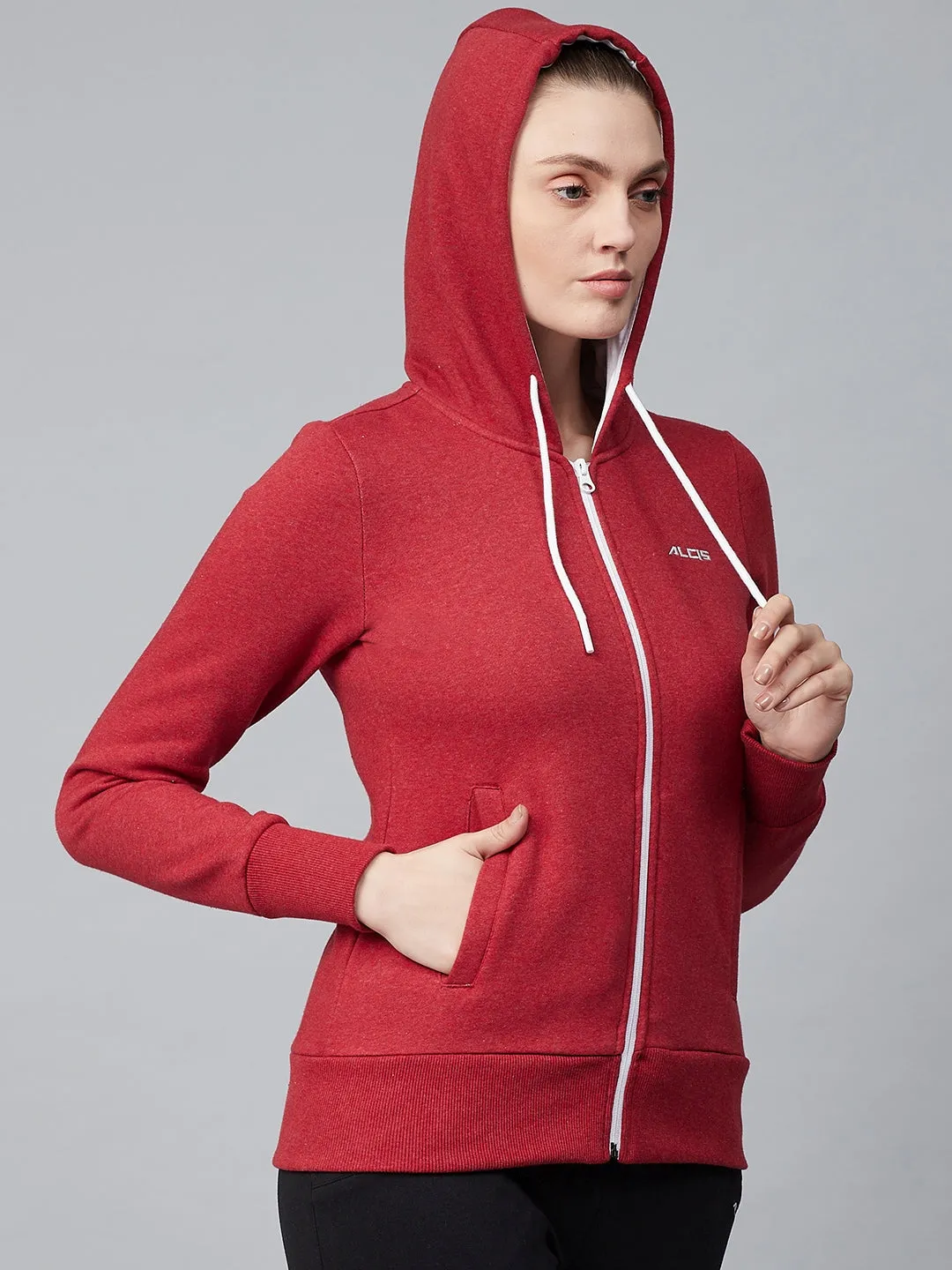 Alcis Women Red Solid Hooded Front-Open Sweatshirt