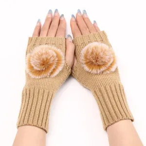 Autumn And Winter Women Fingerless Fur Ball Gloves Knitted Wool Warm Sleeves(Cream Color)