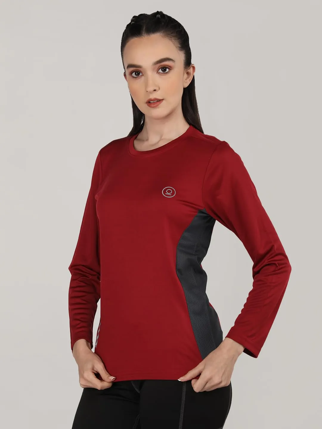 CHKOKKO Women's Full Sleeve Dryfit Round Neck Gym Sports T-Shirt Maroon Size L