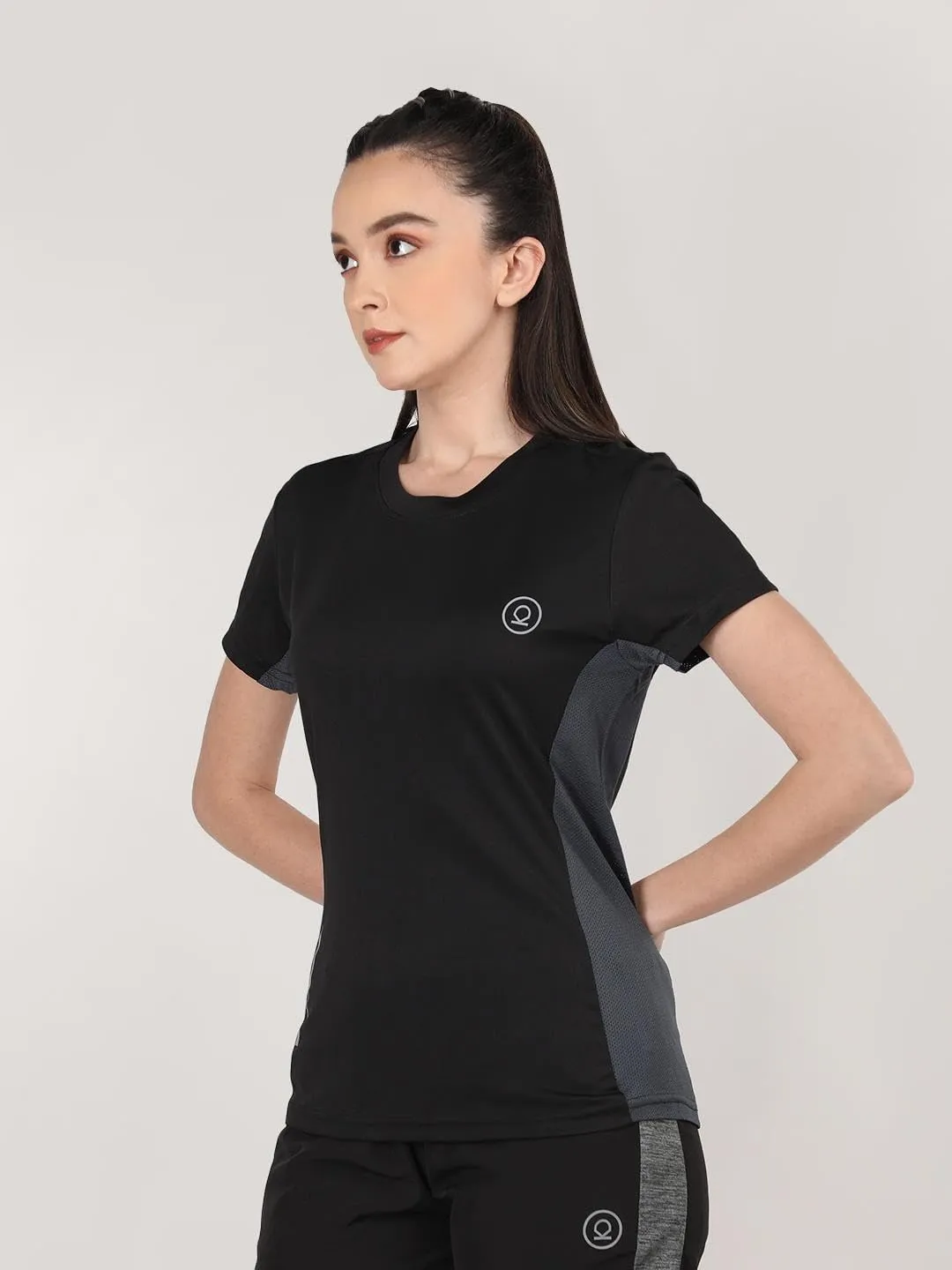 CHKOKKO Women's Round Neck Dry Fit Gym Sports T-Shirt Black Size L