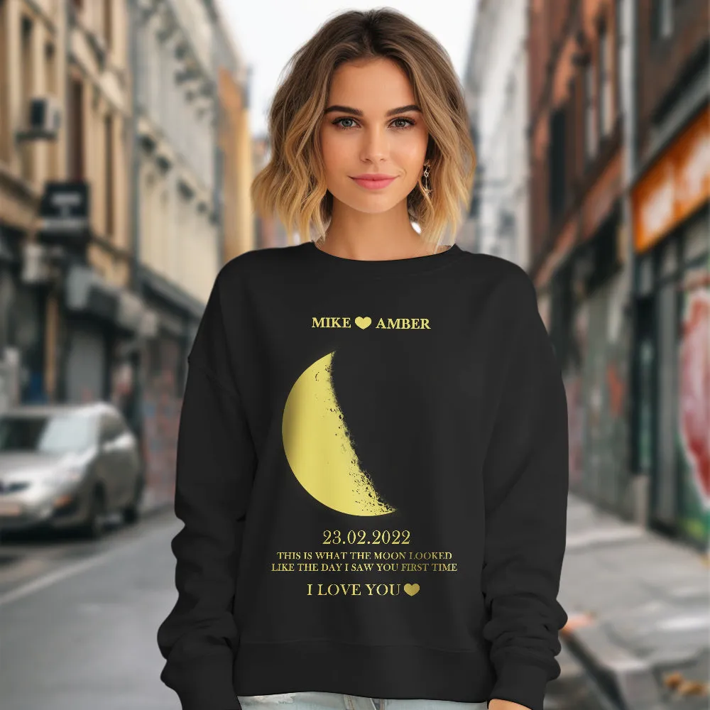 Custom Moon Phase Round Neck Unisex Sweatshirt Personalised Names Crewneck Sweatshirts Valentine's Day Gifts for Couple