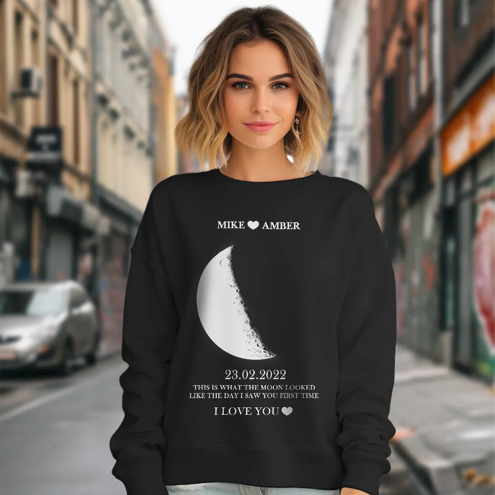 Custom Moon Phase Round Neck Unisex Sweatshirt Personalized Names Crewneck Sweatshirts Valentine's Day Gifts for Couple