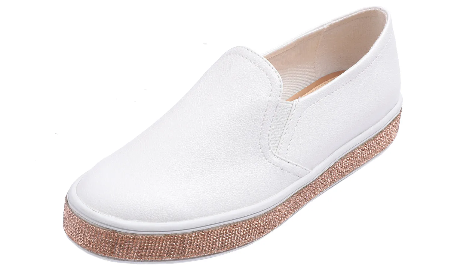 Feversole Women's Fashion Slip-On Sneaker Casual Platform Loafers White Rose Gold Rhinestone Shoes