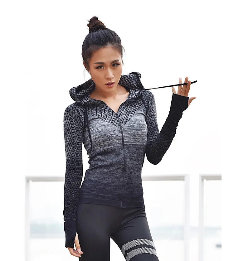 Front Zipper hooded Yoga Shirts Long Sleeve Yoga Top Sportswear Quick Dry  Tracksuit Running Jacket