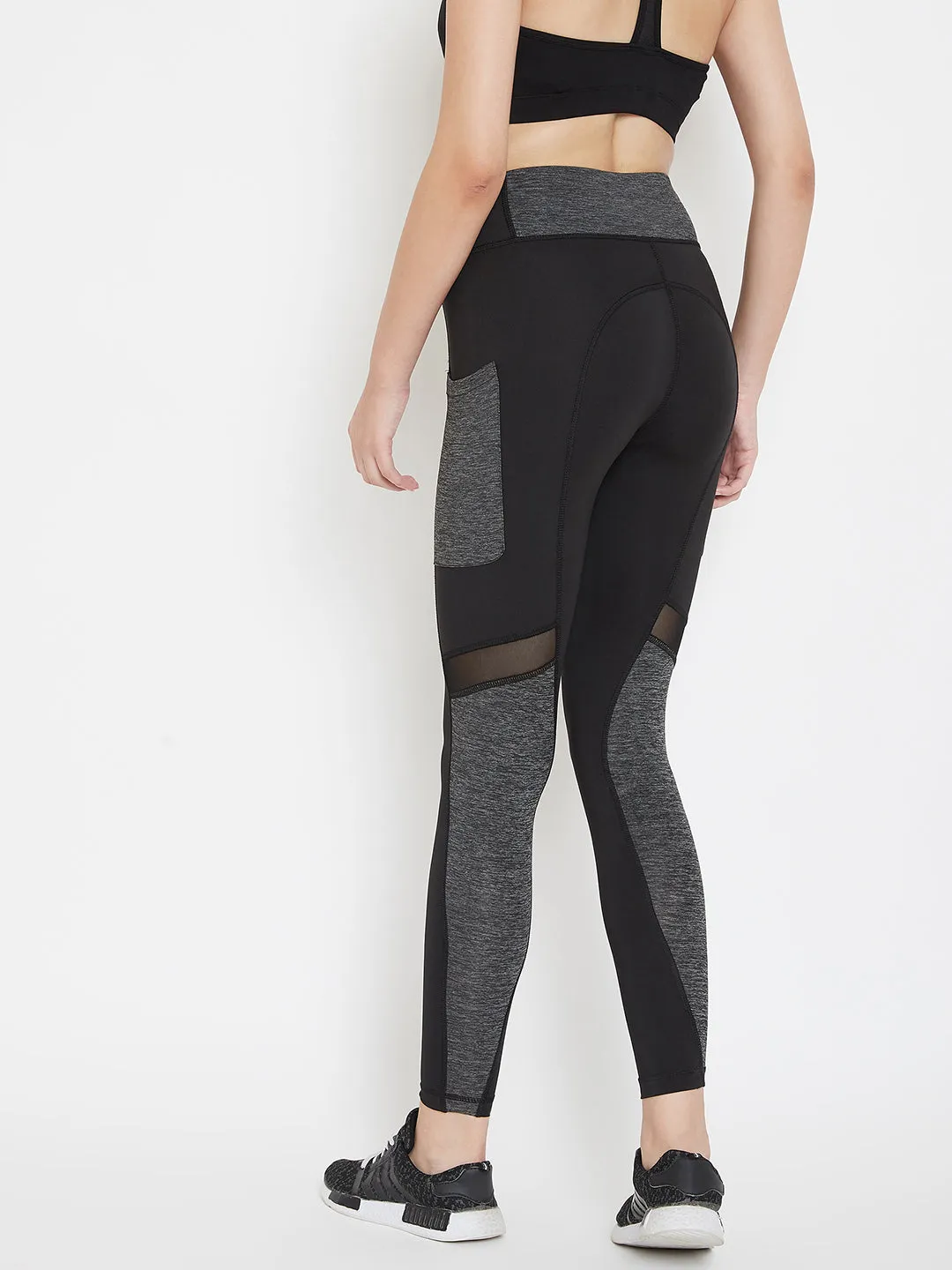 JUMP USA Women Black & Grey Colourblocked Active Wear Tights