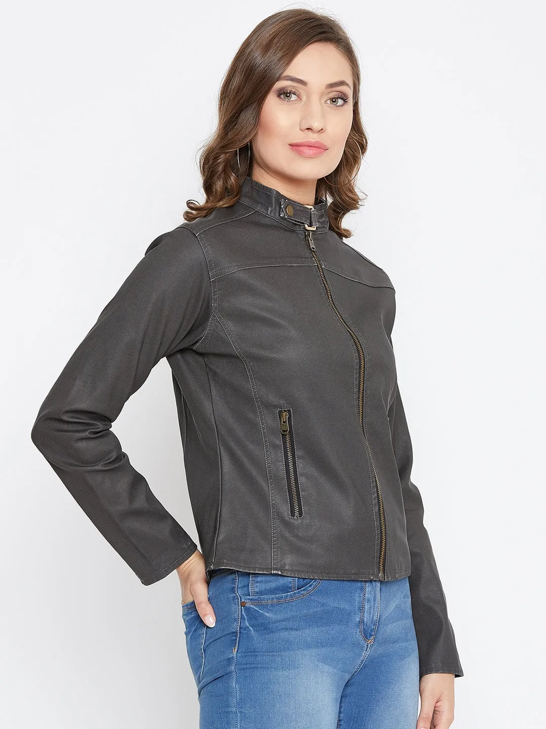 JUMP USA Women Black Solid Casual Leather Jacket