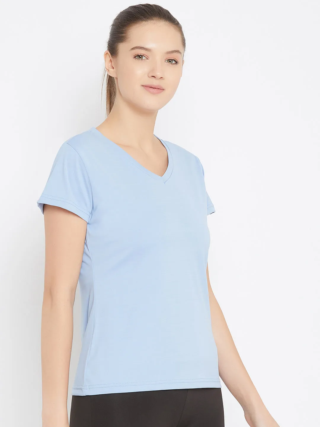 JUMP USA Women Blue Active Wear V- Neck T-shirt