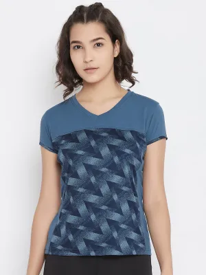 JUMP USA Women Blue Geometric Print V-Neck Sports T-shirt