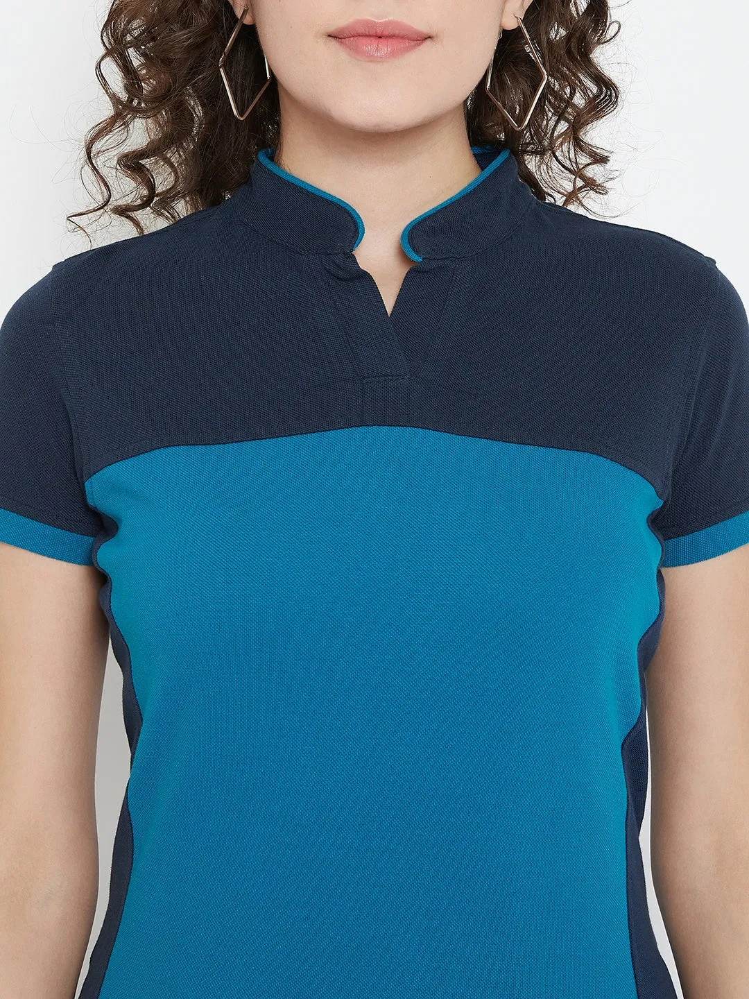 JUMP USA Women Colourblocked Ocean Blue Polo T-shirt