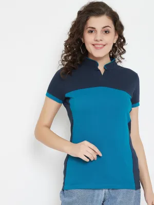 JUMP USA Women Colourblocked Ocean Blue Polo T-shirt