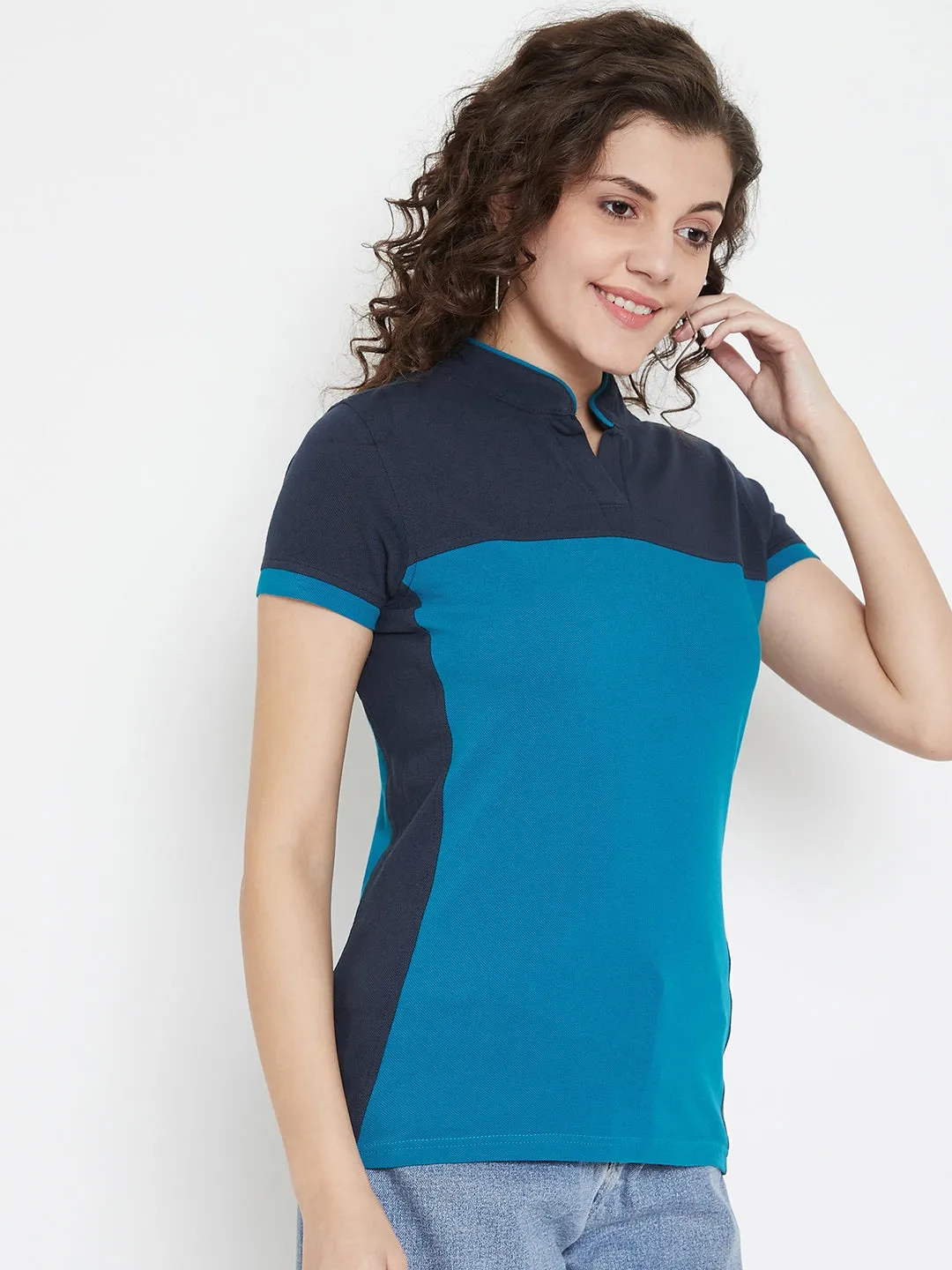 JUMP USA Women Colourblocked Ocean Blue Polo T-shirt