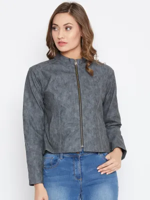 JUMP USA Women Grey Solid Casual Leather Jacket