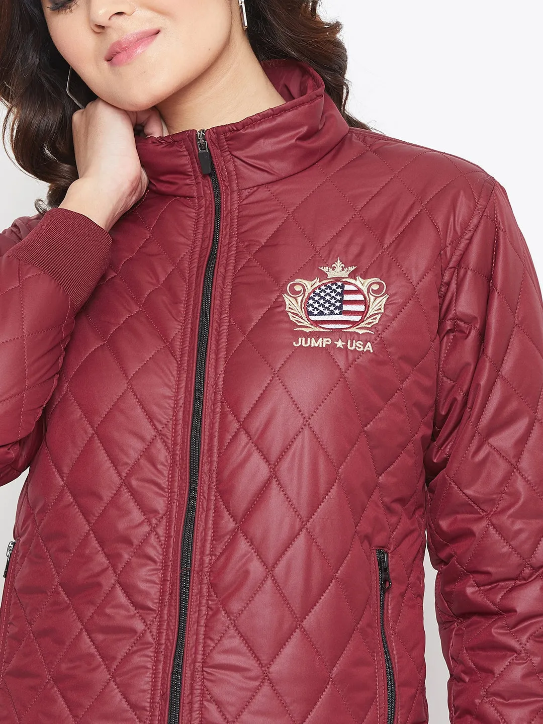 JUMP USA Women Maroon Self Design Jacket