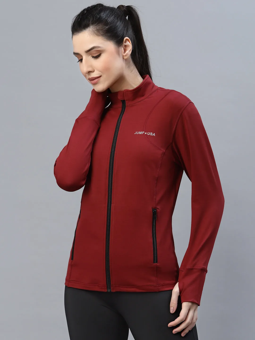 JUMP USA Women Maroon Solid Polyester Hiking Jacket