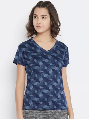 JUMP USA Women Navy Blue Geometric Print V-Neck Sports T-shirt