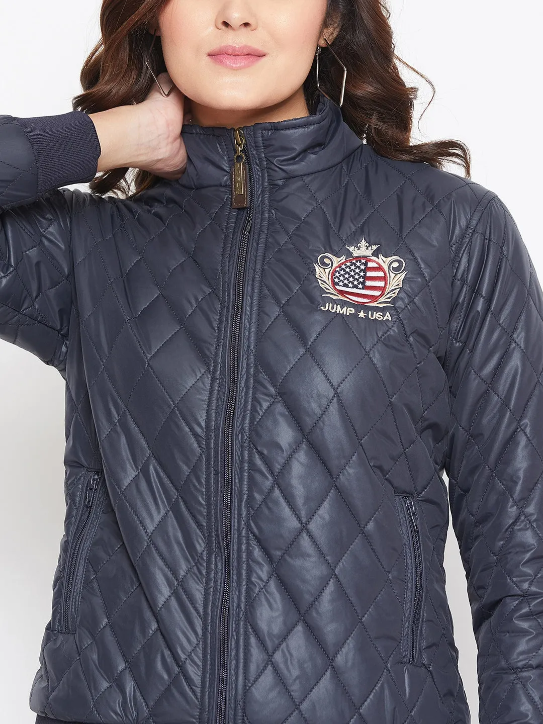 JUMP USA Women Navy Blue Self Design Jacket