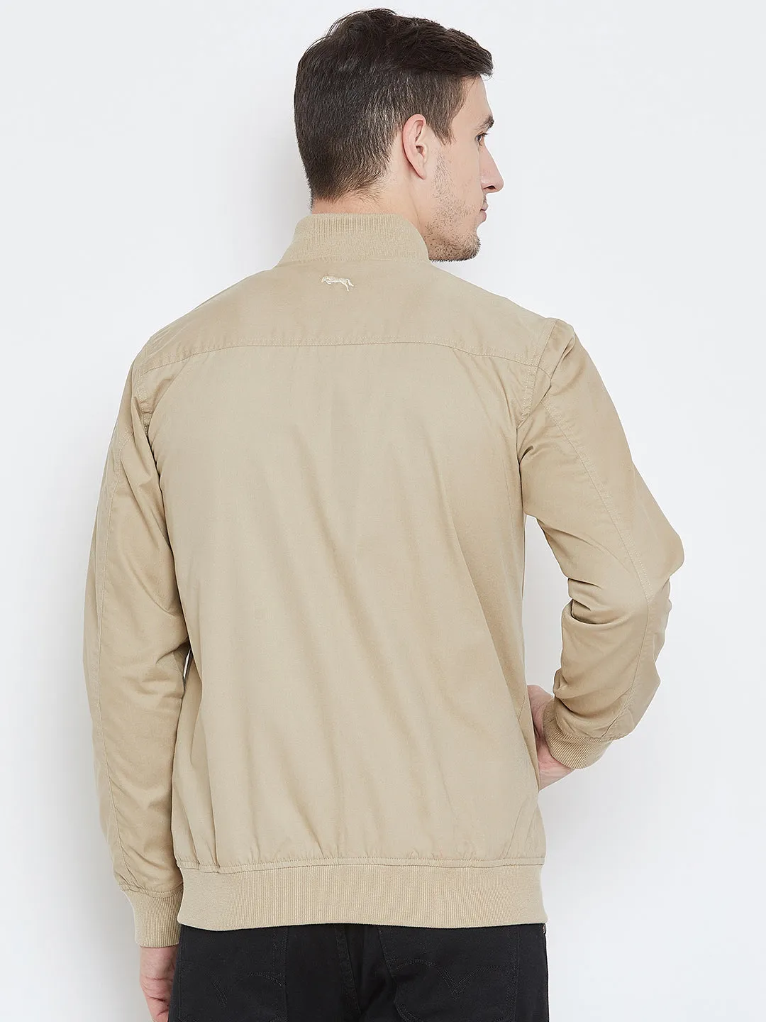 Men Casual Beige Bomber Jacket