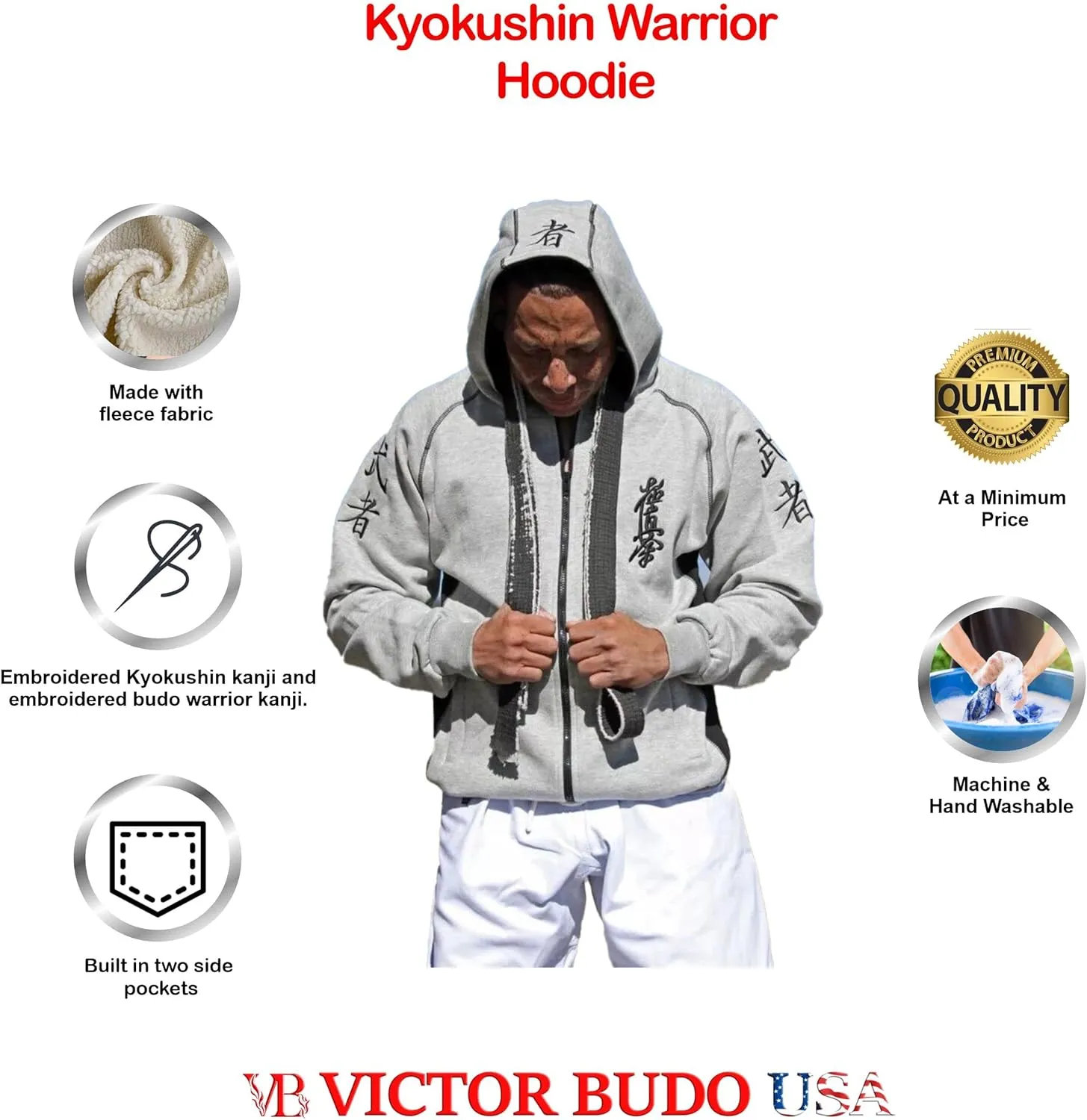 MEN EMBROIDERED KYOKUSHIN KANJI SPORTS ATHLETIC HOODIE FULL ZIPPER