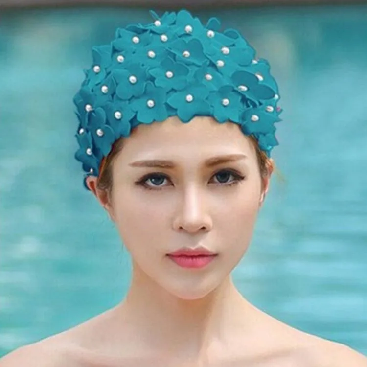 Pearl Three-dimensional Handmade Flower Swimming Cap for Women(Lake Blue)