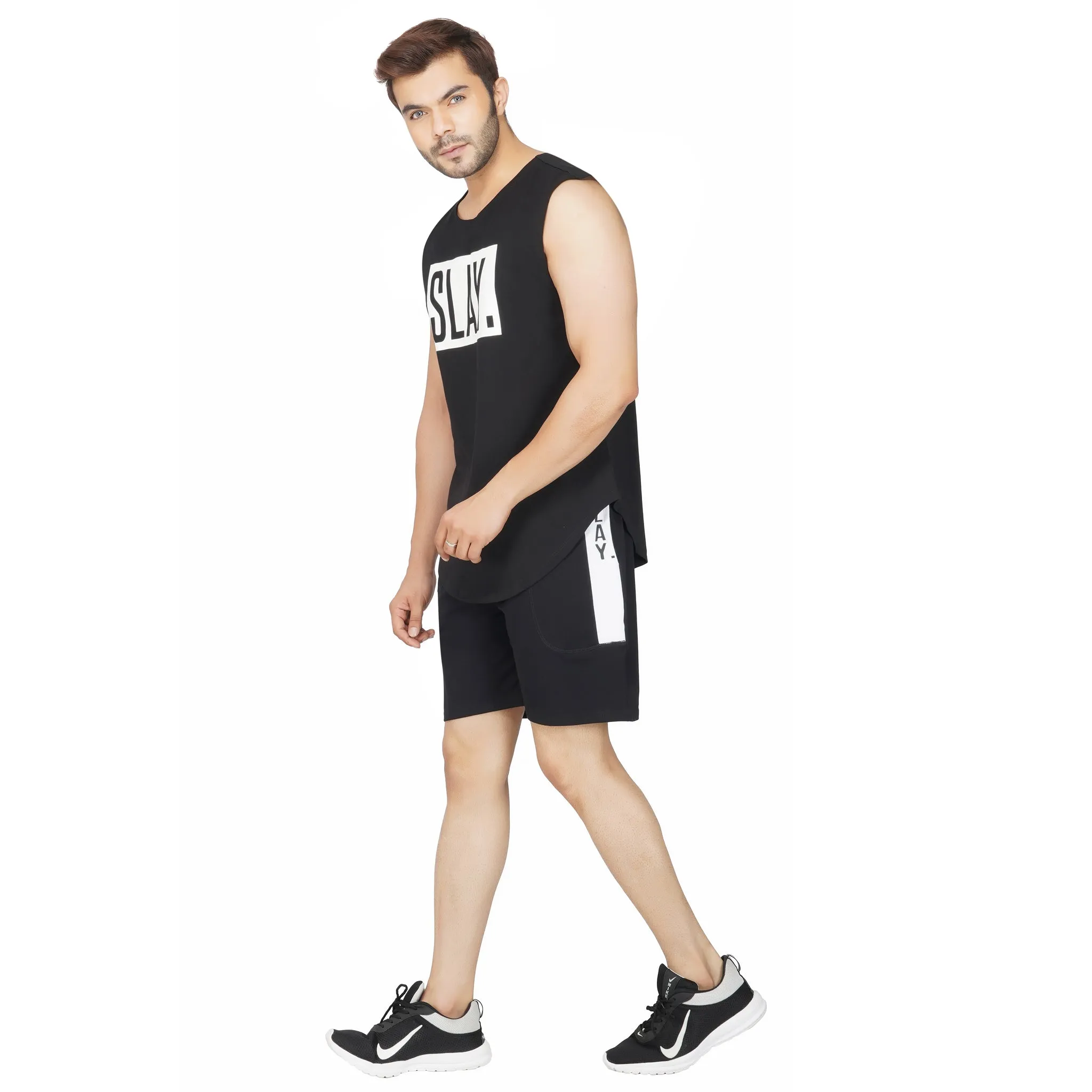 SLAY. Men's Activewear Black Sports Shorts with White Stripes