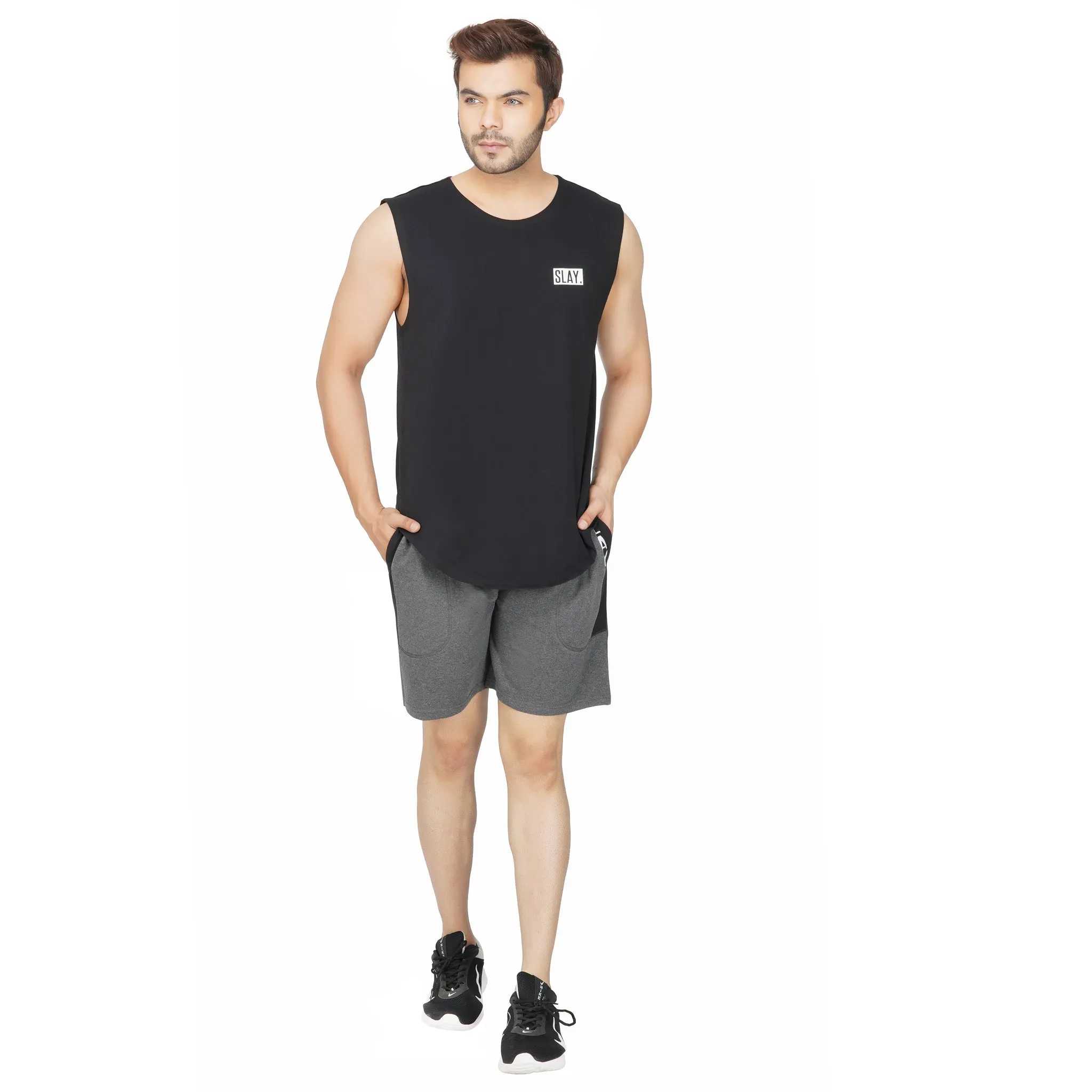 SLAY. Men's Dark Grey Activewear Sports Shorts with Black Stripes