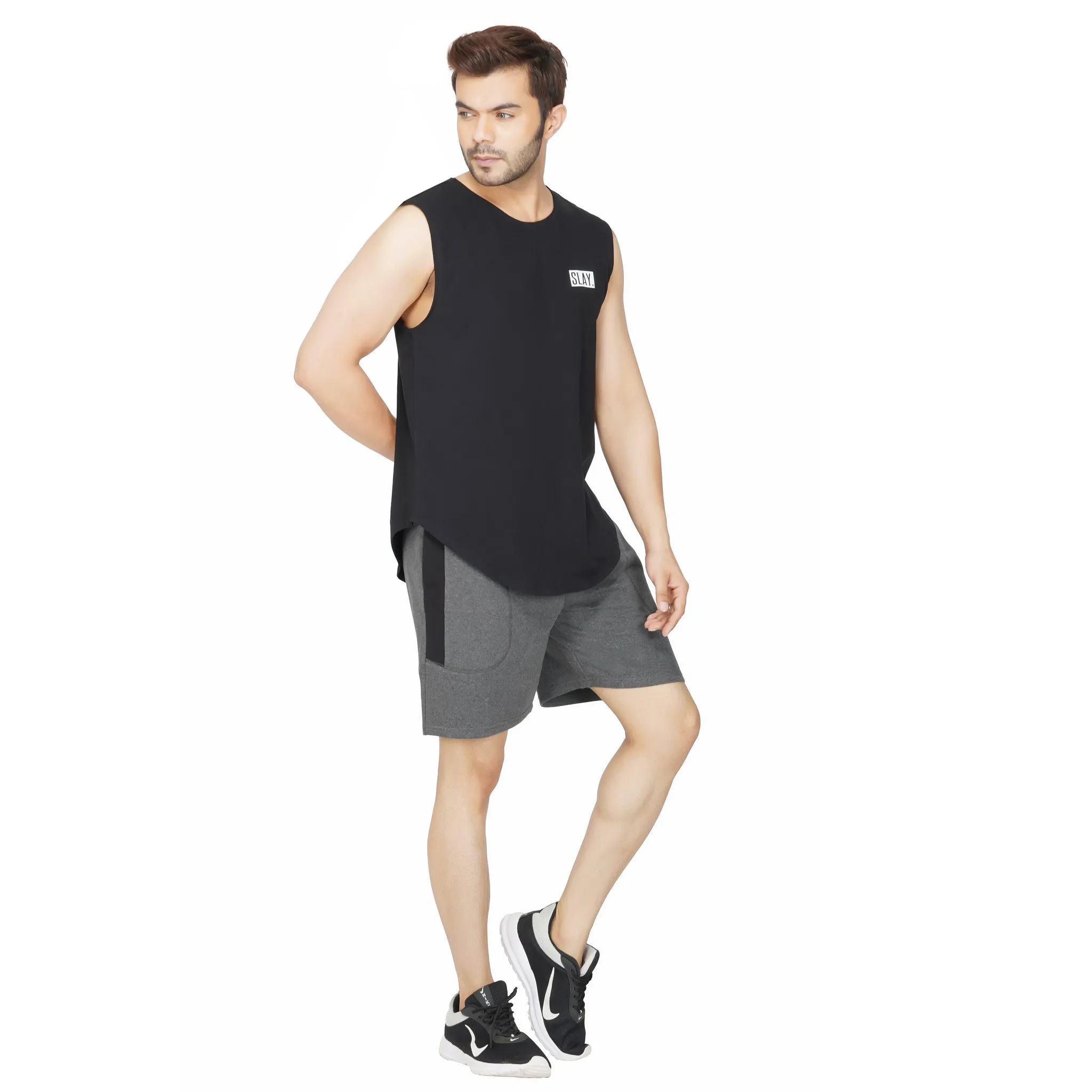 SLAY. Men's Dark Grey Activewear Sports Shorts with Black Stripes