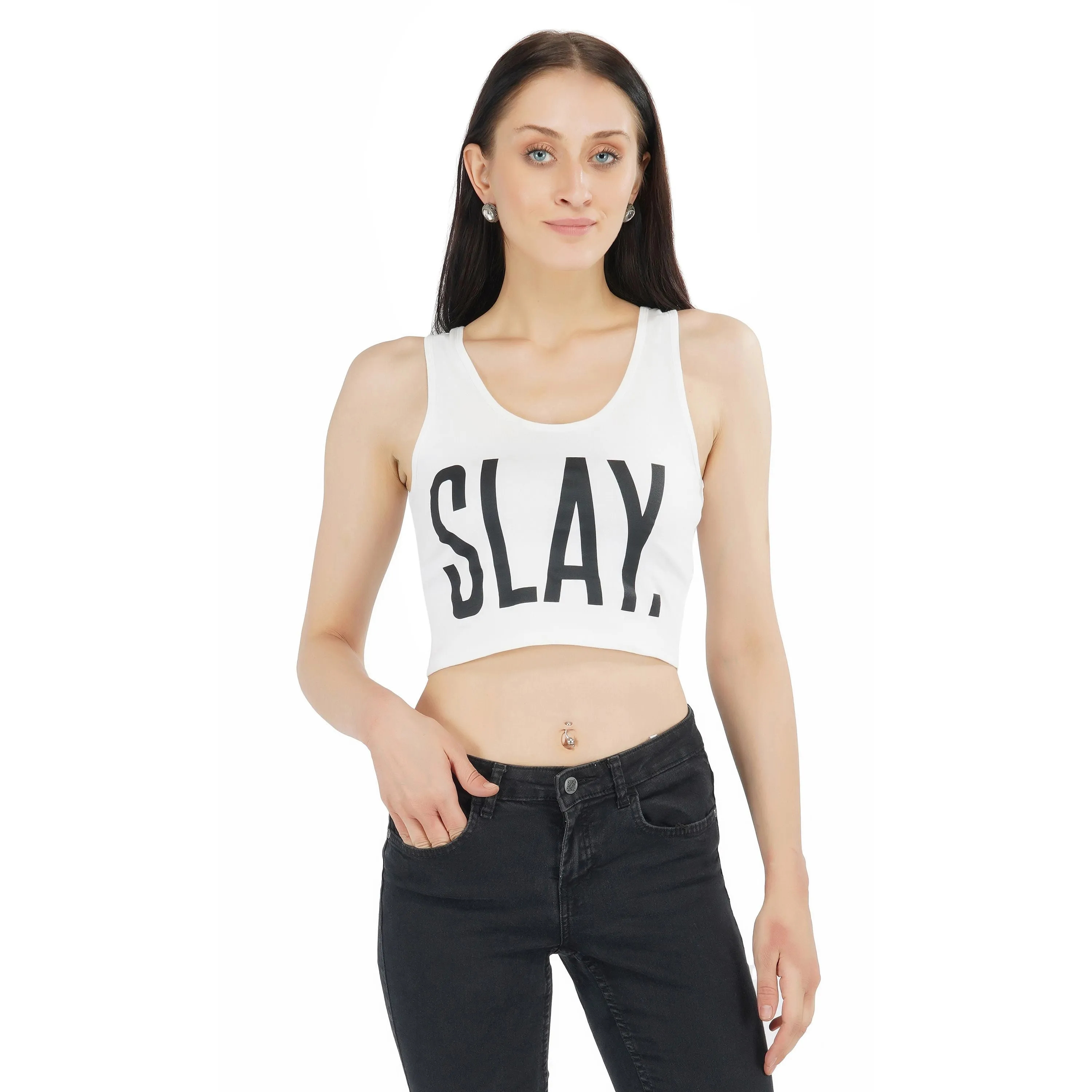 SLAY. Women's Printed White Crop Top