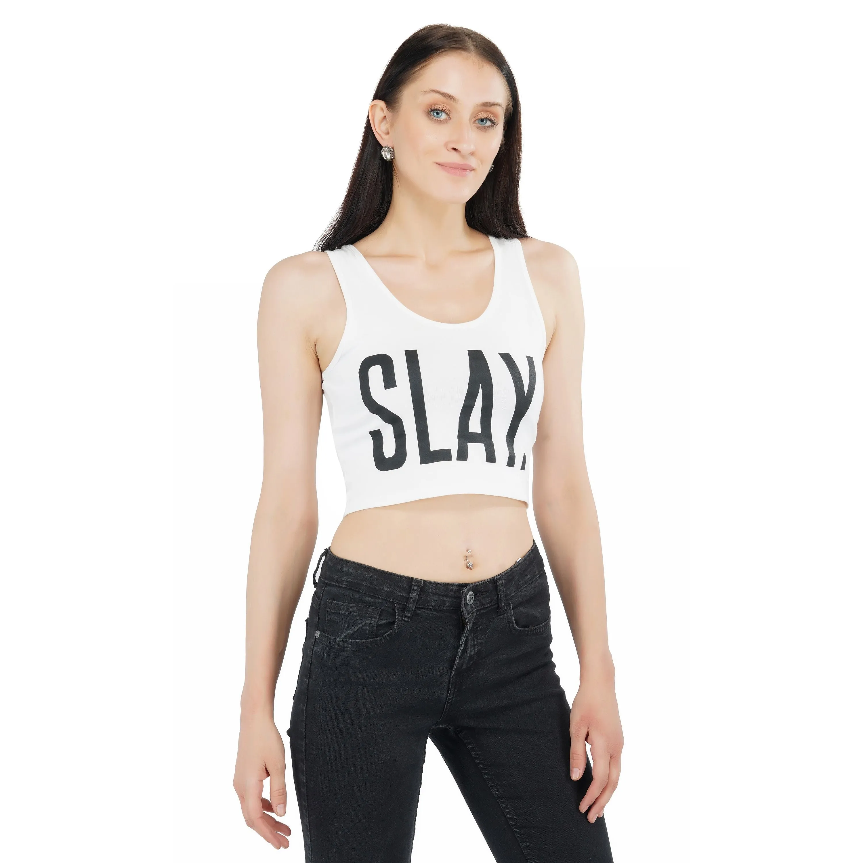 SLAY. Women's Printed White Crop Top