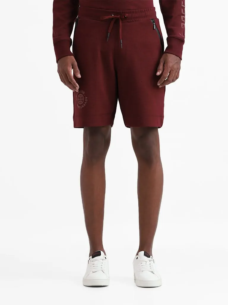 Studiofit Solid Wine Melange Relaxed-Fit Mid-Rise Shorts