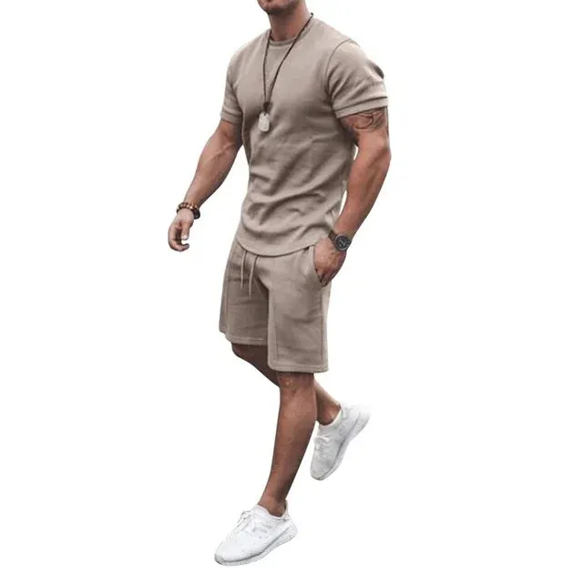 Summer Solid Tan Sports Hawaiian Suit Short Sleeve