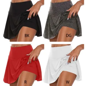 Women Basic Athletic Tennis Sports Skirt 2-In-1 Stretchy Running Leggings Skorts Solid Color Active Workout Fitness Shorts