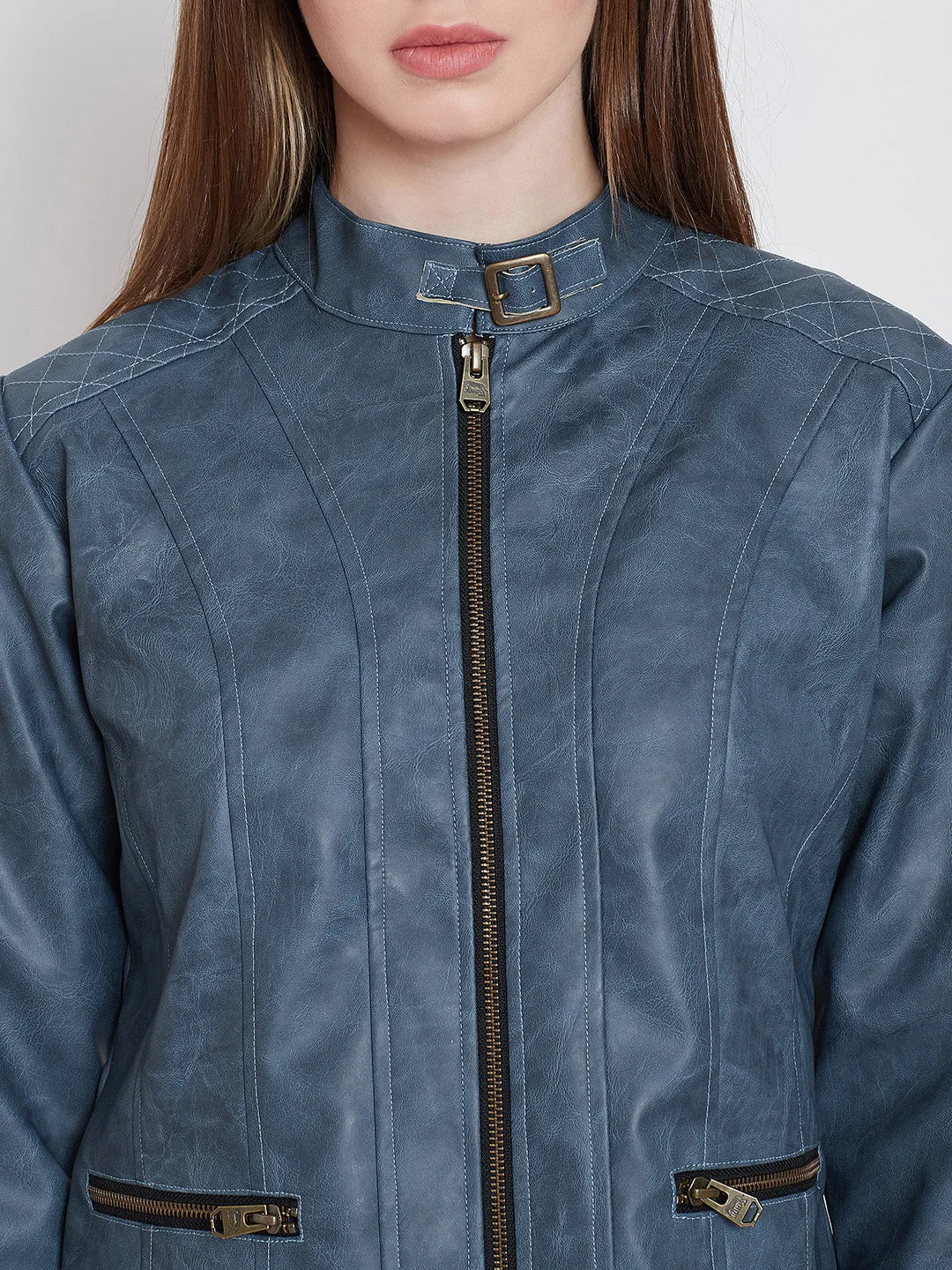 Women Casual Blue Leather Jacket