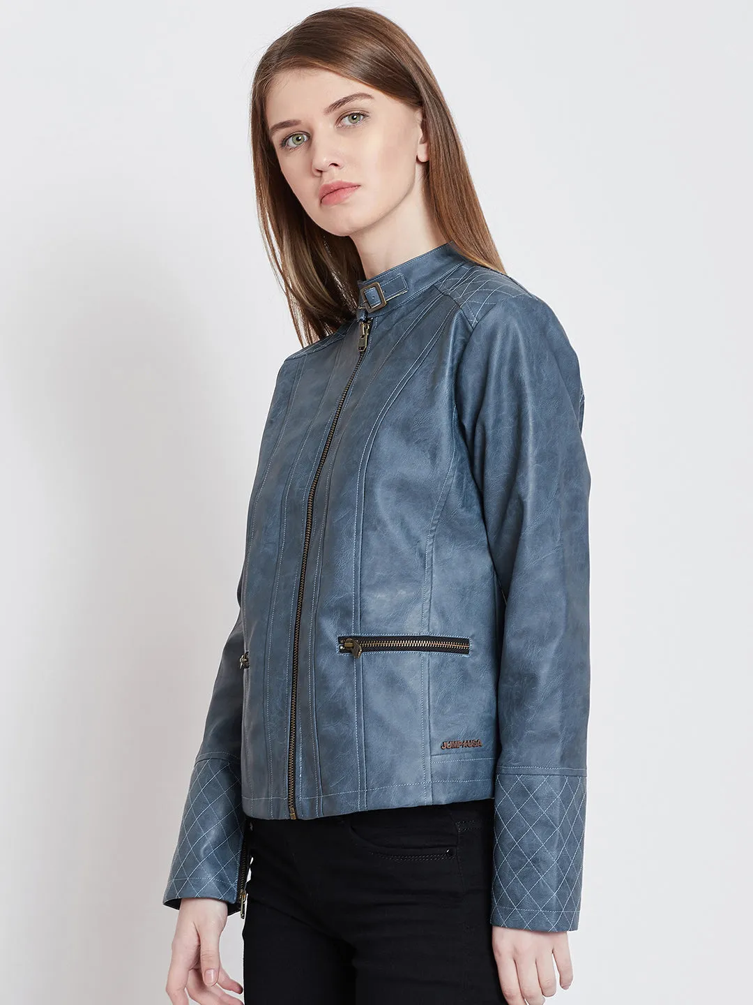 Women Casual Blue Leather Jacket