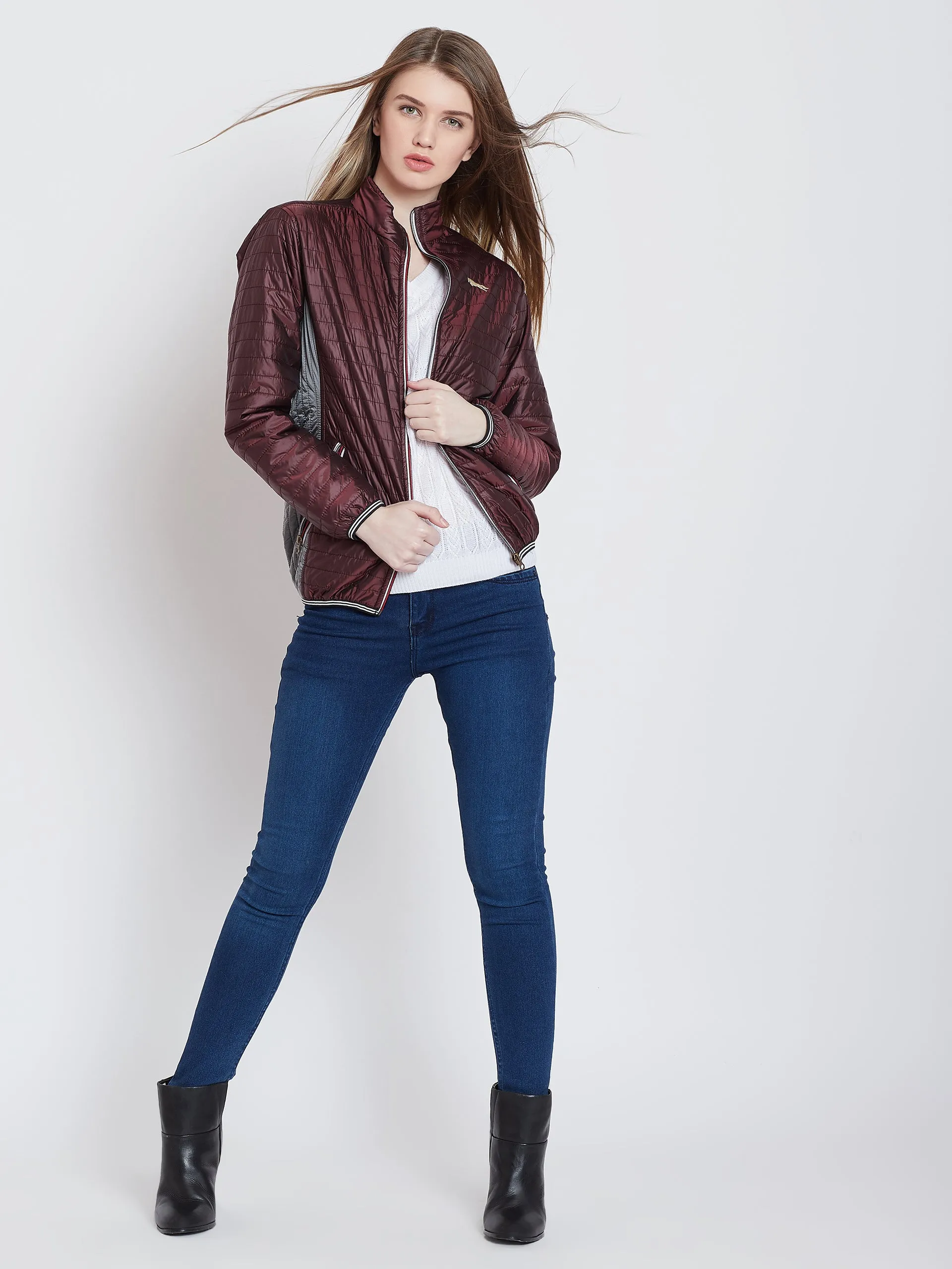 Women Casual Maroon Quilted Jacket