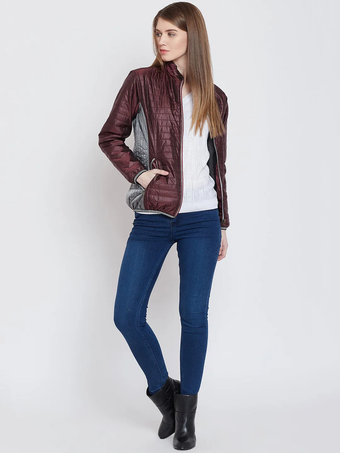 Women Casual Maroon Quilted Jacket