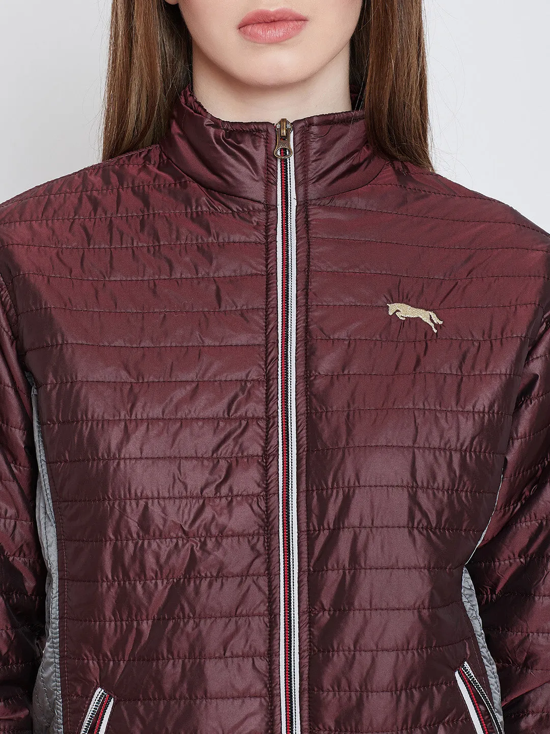 Women Casual Maroon Quilted Jacket