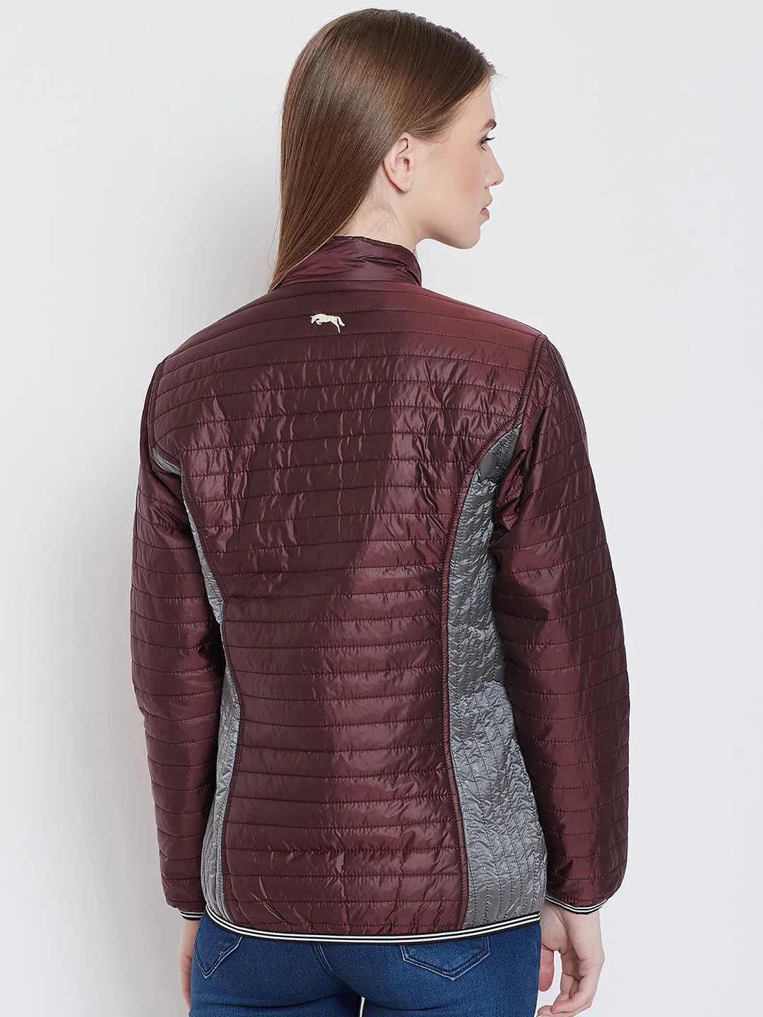 Women Casual Maroon Quilted Jacket