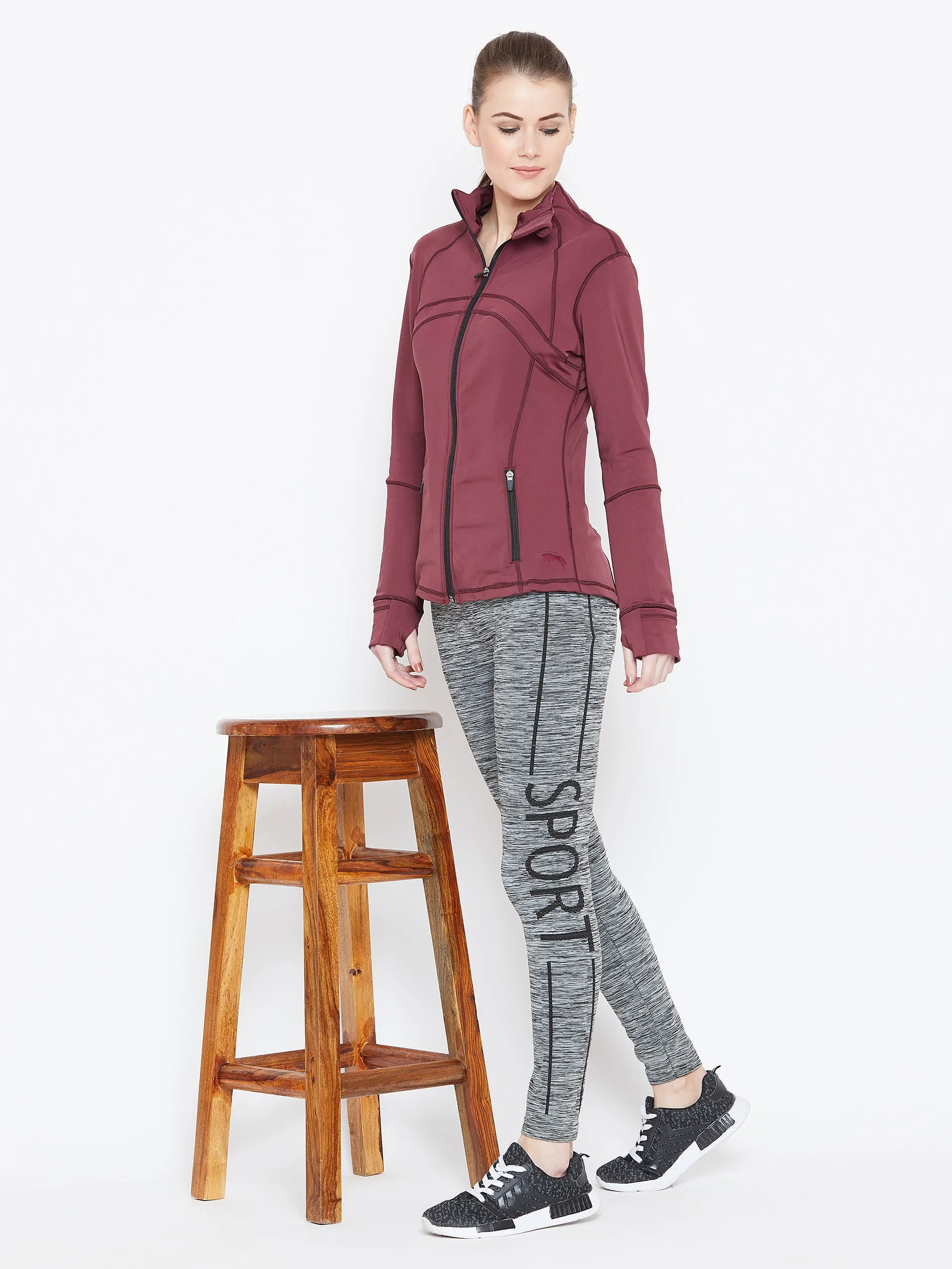 Women Maroon Solid Sporty Jacket