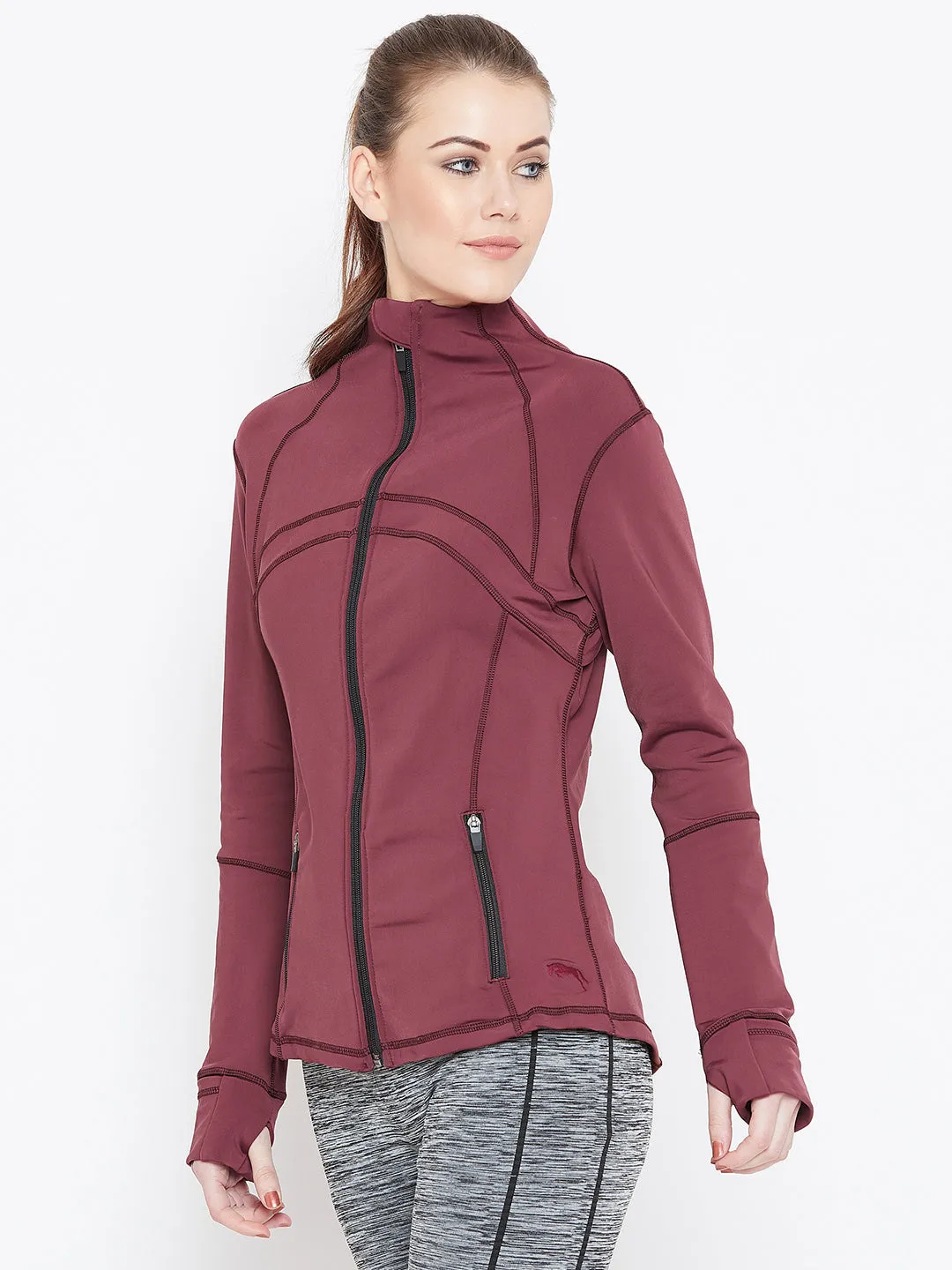 Women Maroon Solid Sporty Jacket