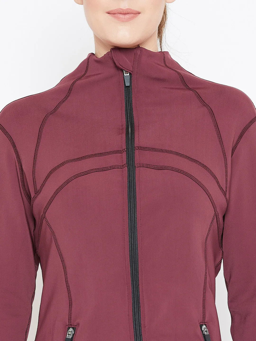 Women Maroon Solid Sporty Jacket