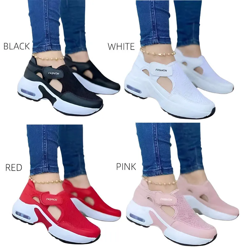 Women Solid Color Wedge Platform Hollow Mesh Breathable Sneakers