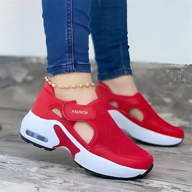 Women Solid Color Wedge Platform Hollow Mesh Breathable Sneakers