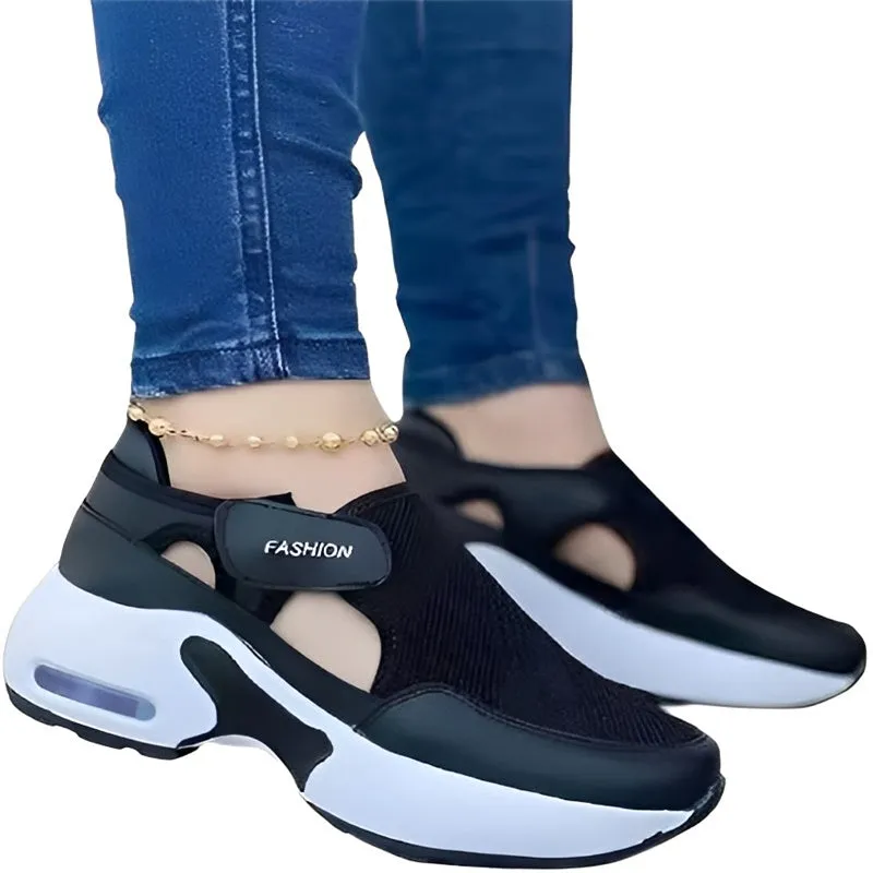 Women Solid Color Wedge Platform Hollow Mesh Breathable Sneakers