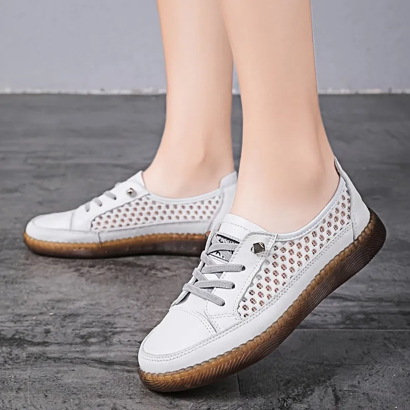 Women's Hollow Out Flat Sneakers Lightweight Lace Up Soft-sole Breathable Walking Shoes