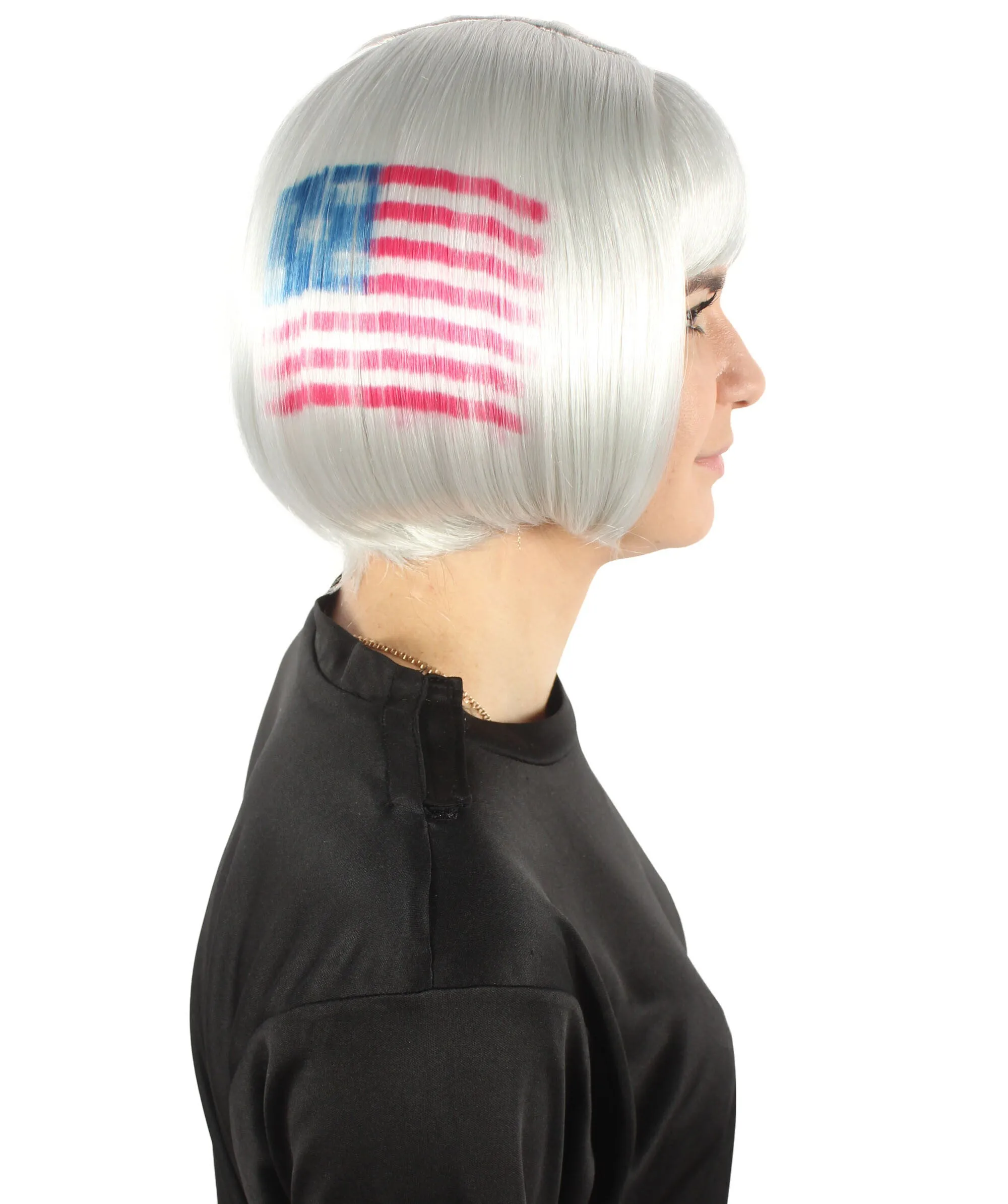 Women’s USA Flag-themed Short Bob Wig with Bangs for Sporting Events, USA Flag Grey Color, Flame-retardant Synthetic Fiber Wig