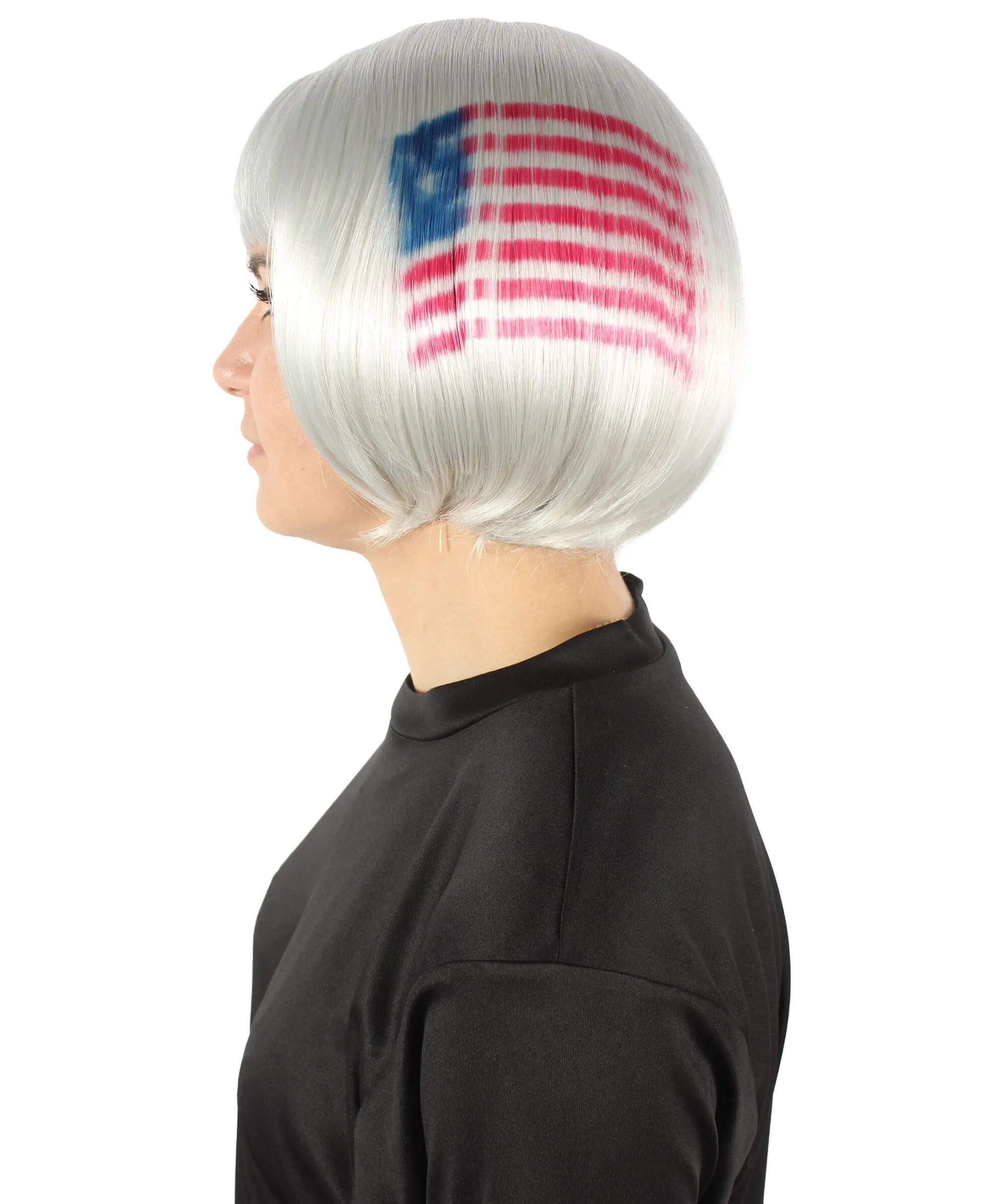 Women’s USA Flag-themed Short Bob Wig with Bangs for Sporting Events, USA Flag Grey Color, Flame-retardant Synthetic Fiber Wig