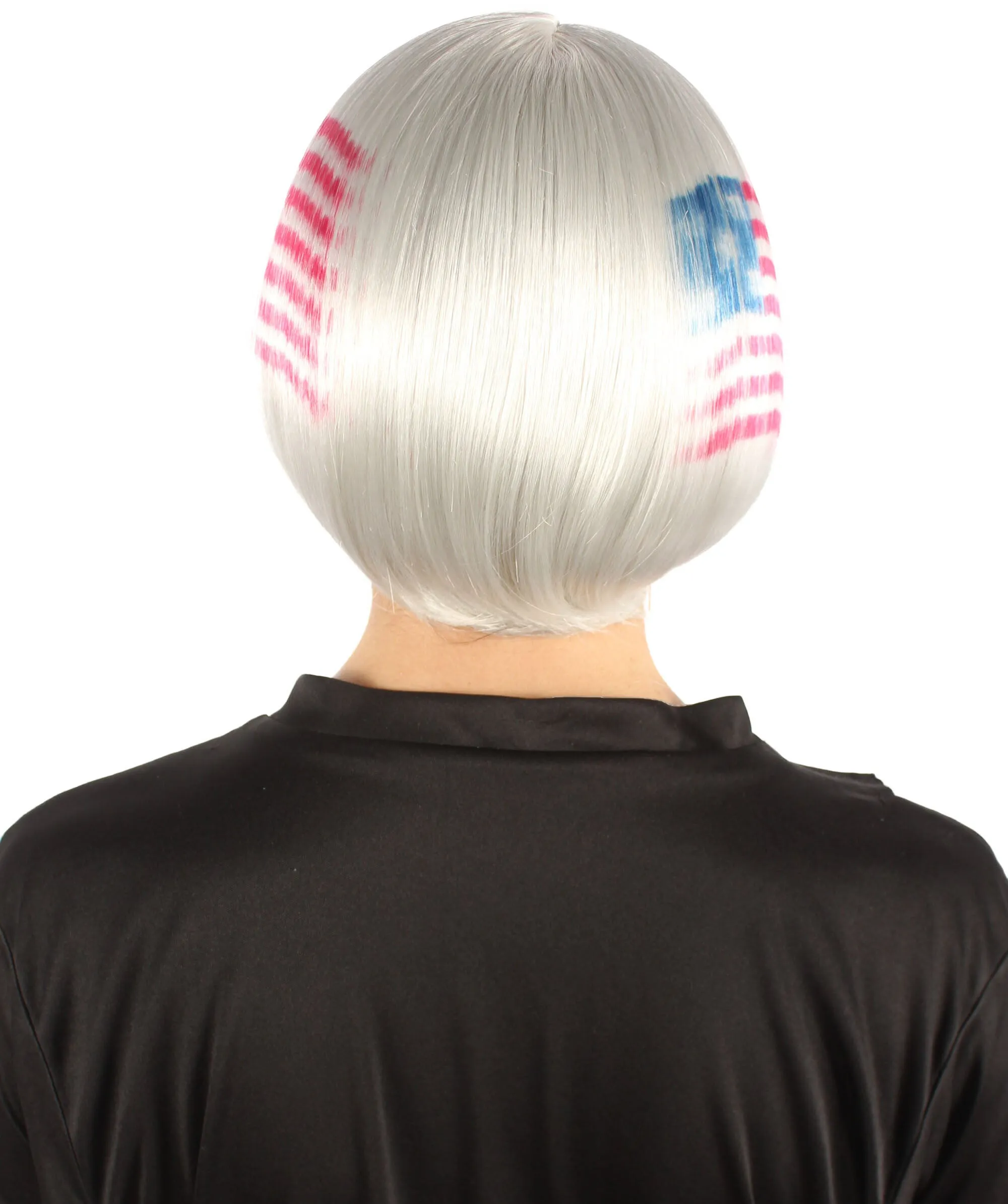 Women’s USA Flag-themed Short Bob Wig with Bangs for Sporting Events, USA Flag Grey Color, Flame-retardant Synthetic Fiber Wig